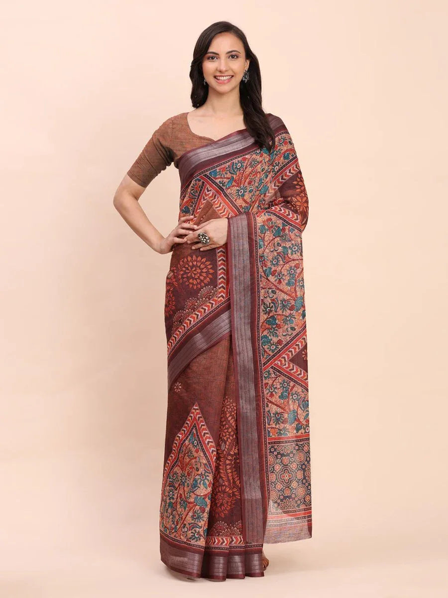 Brown SANSKRIT PRINTS Linen Cotton Saree with Blouse Piece - EZBER