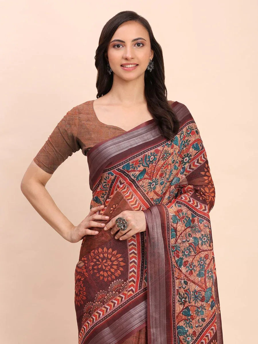 Brown SANSKRIT PRINTS Linen Cotton Saree with Blouse Piece - EZBER