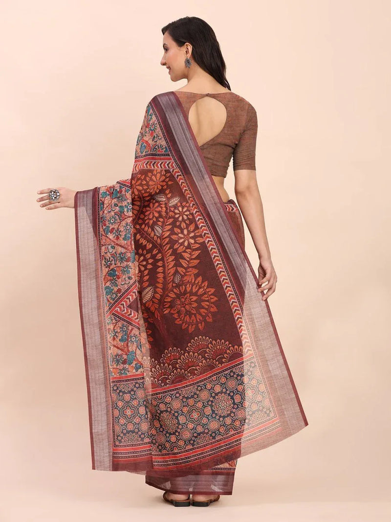 Brown SANSKRIT PRINTS Linen Cotton Saree with Blouse Piece - EZBER