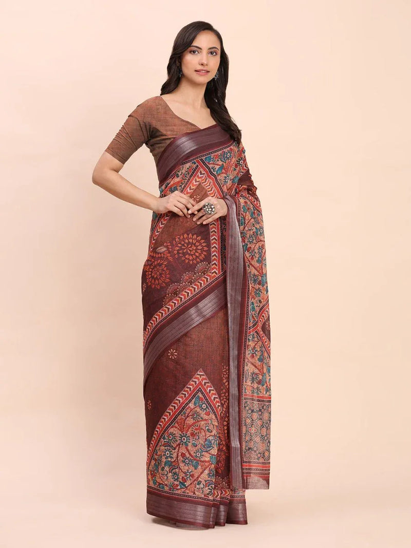 Brown SANSKRIT PRINTS Linen Cotton Saree with Blouse Piece - EZBER