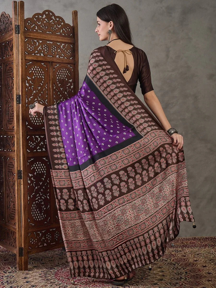 Brown Semi Modal Saree With Blouse Piece - EZBER