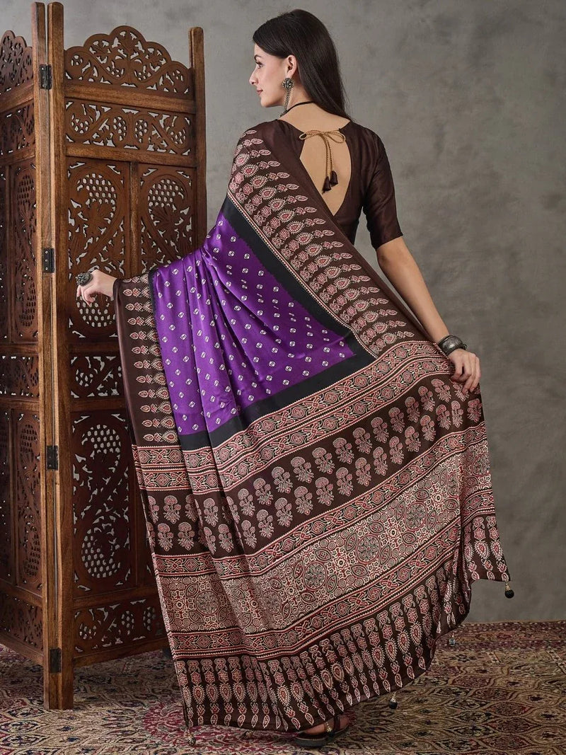 Brown Semi Modal Saree With Blouse Piece - EZBER