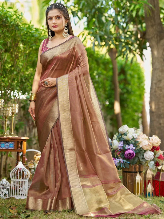 Brown Tissue Saree With Blouse Piece - EZBER