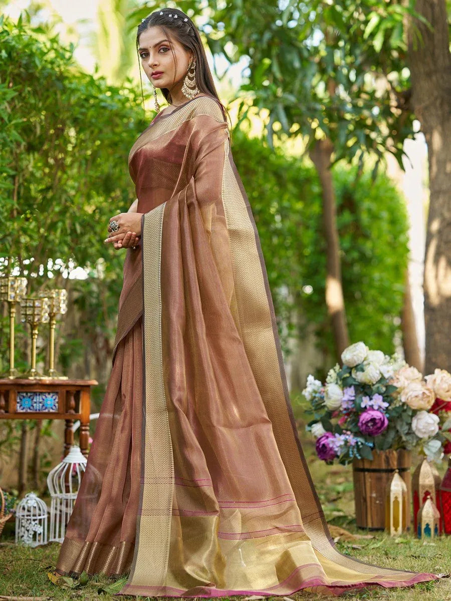 Brown Tissue Saree With Blouse Piece - EZBER