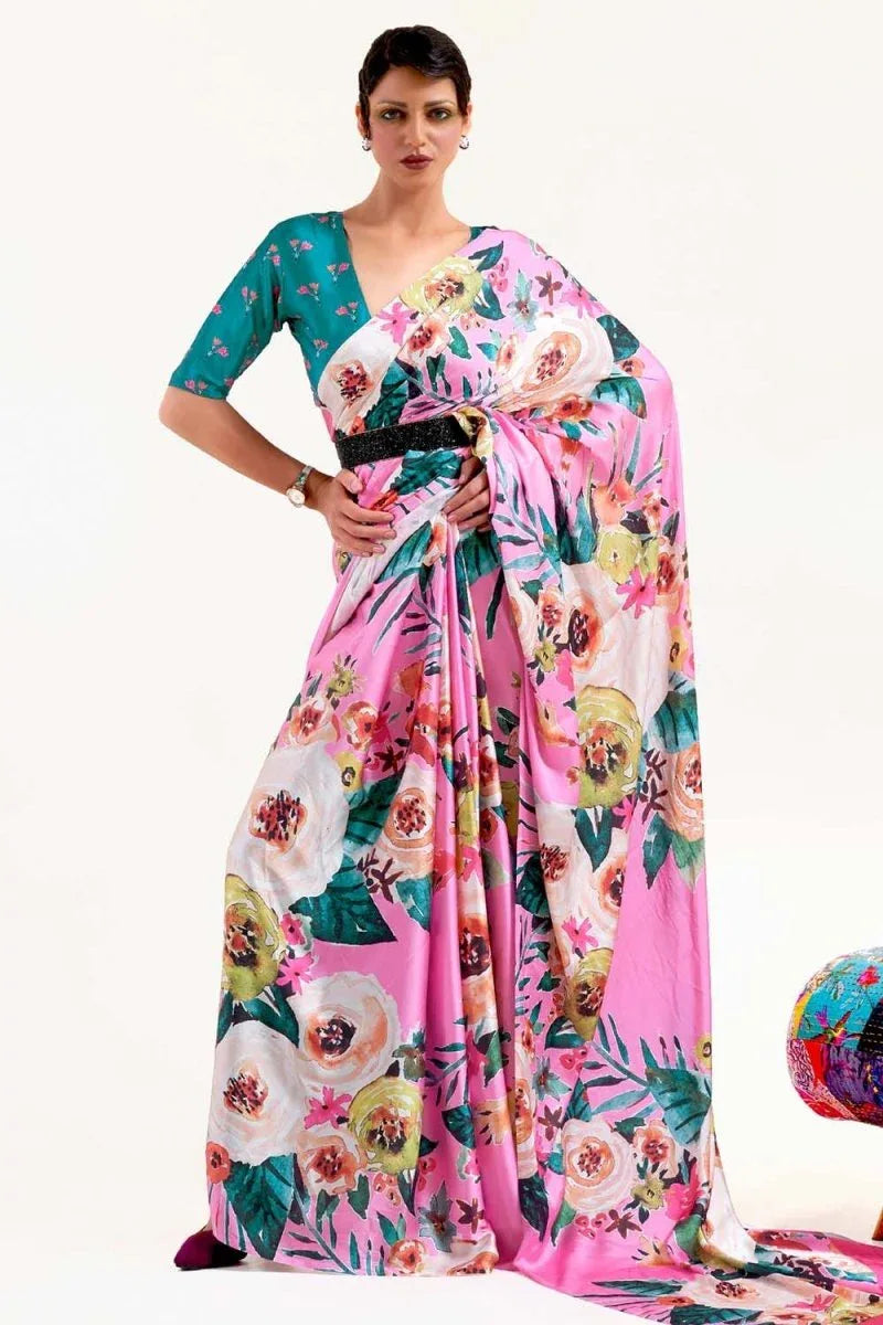 Bubblegum Pink Satin Crep Saree - EZBER