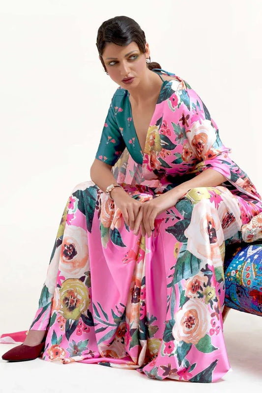 Bubblegum Pink Satin Crep Saree - EZBER