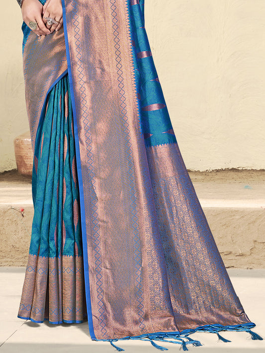 Silk Blue Brocade Saree With Blouse Piece