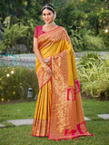 Yellow Banarasi silk Saree With Blouse Piece - EZBER
