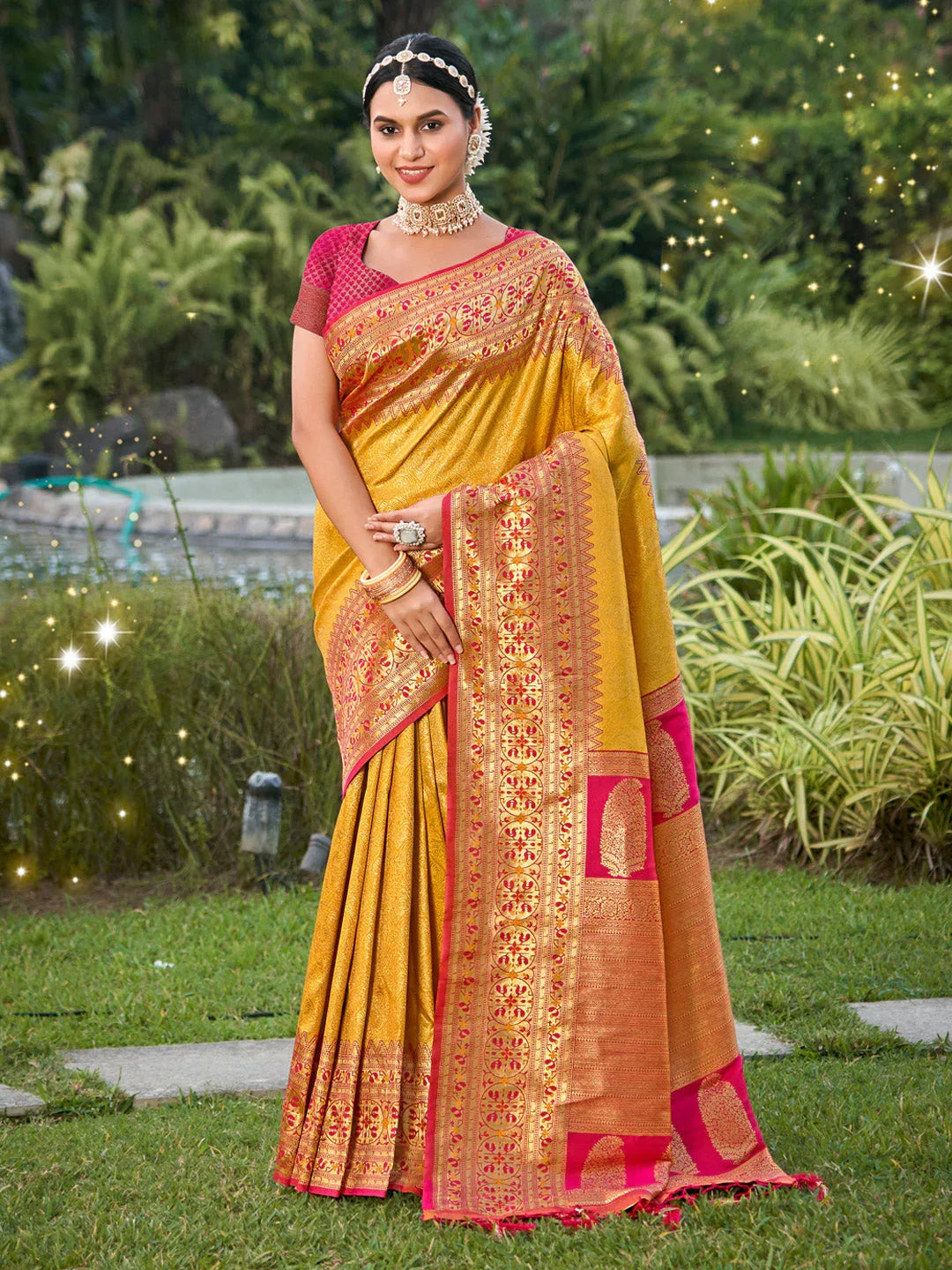 Yellow Banarasi silk Saree With Blouse Piece - EZBER