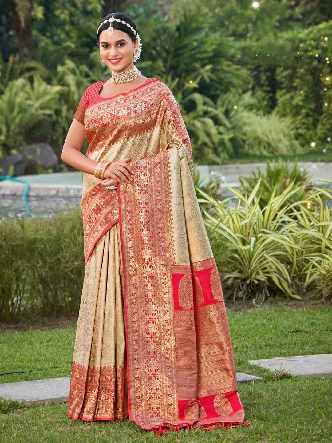 White Banarasi Silk Brocade Saree | EZB SI04 BWGAU1005