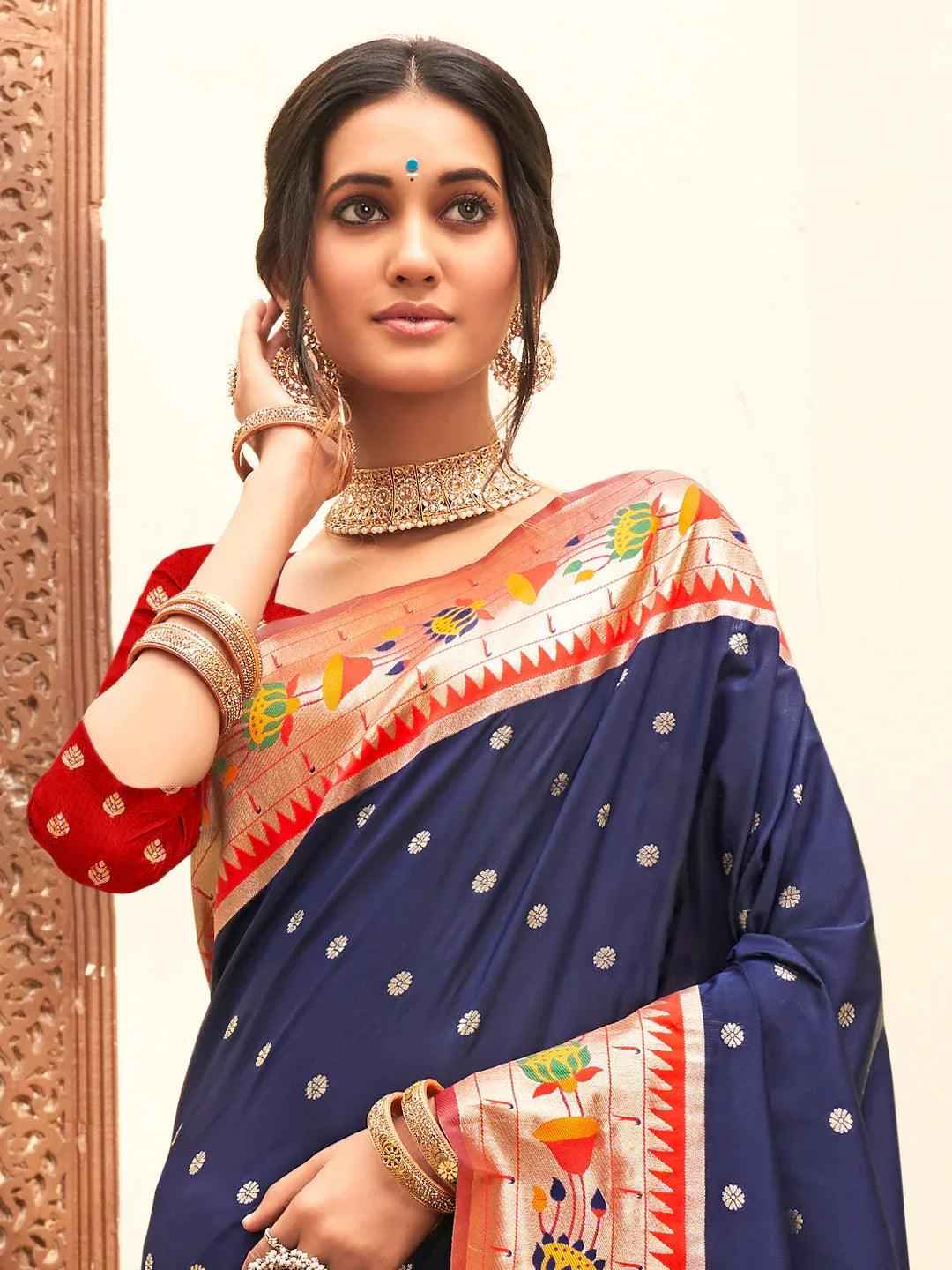 Navy Paithani Silk Blend Brocade Saree | EZB SI04 BWMAR1001