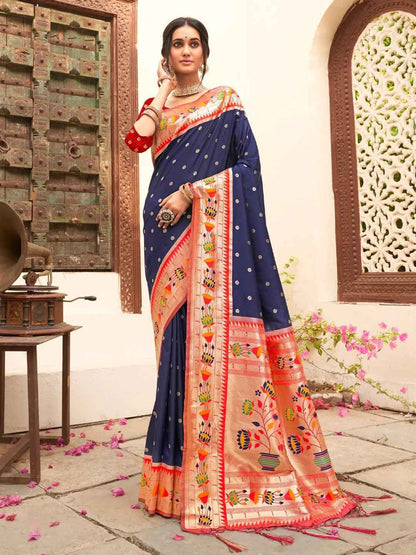 Navy Paithani Silk Blend Brocade Saree | EZB SI04 BWMAR1001