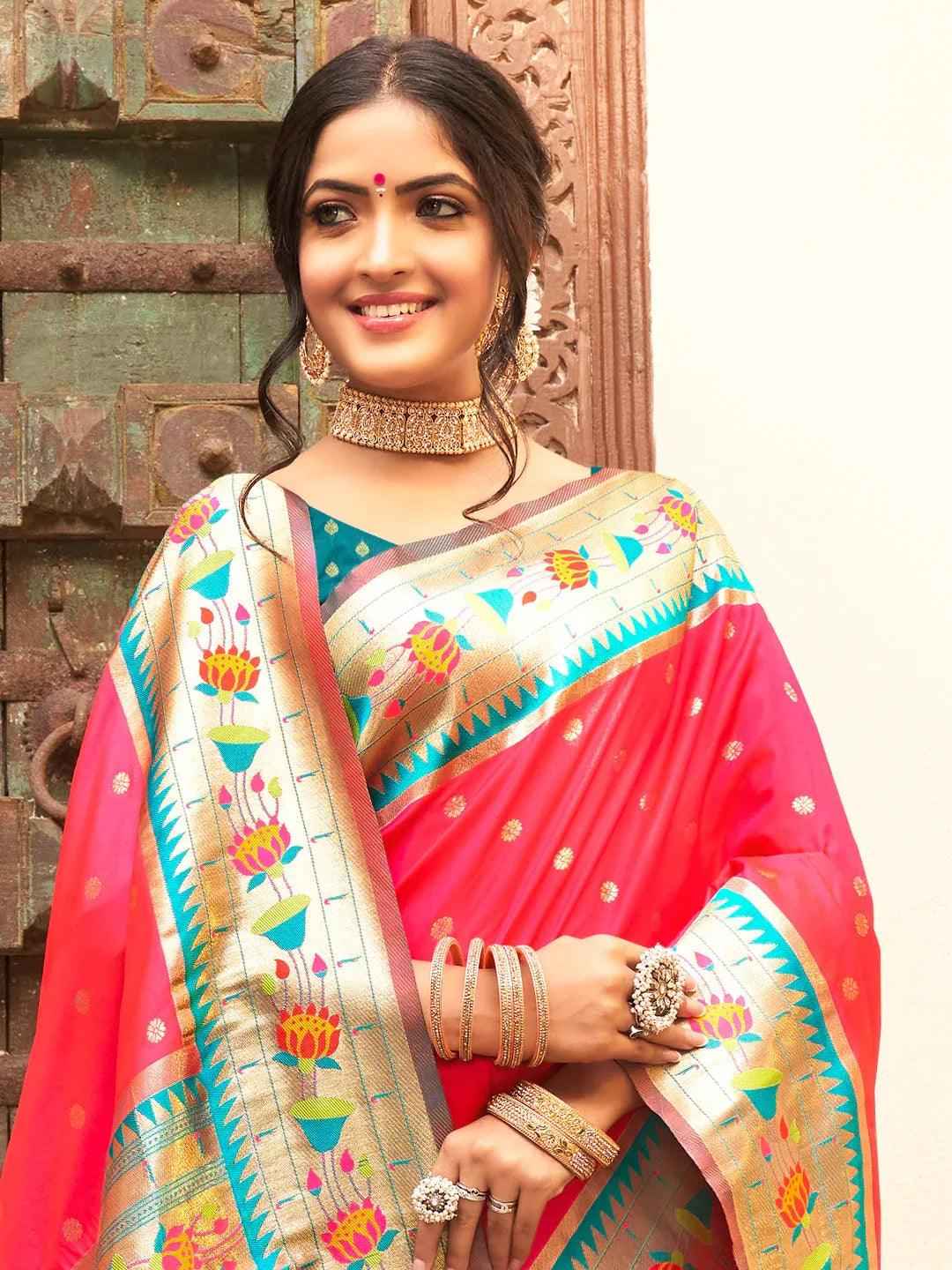 Pink Paithani Silk Blend Brocade Saree  | EZB SI04 BWMAR1002
