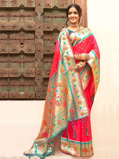 Pink Paithani Silk Blend Brocade Saree  | EZB SI04 BWMAR1002