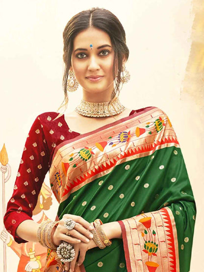 Dark Green Paithani Silk Blend Brocade Saree  | EZB SI04 BWMAR1005