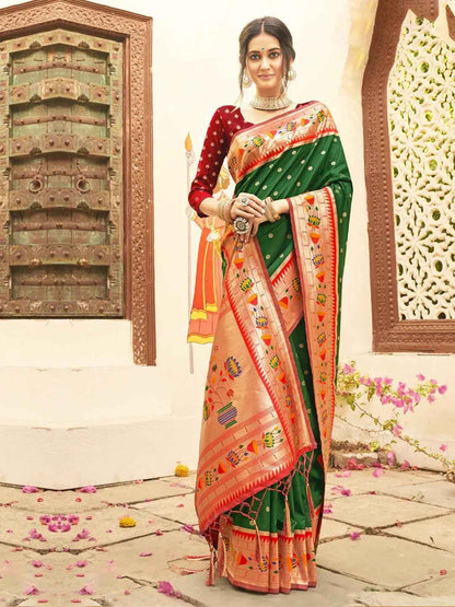 Dark Green Paithani Silk Blend Brocade Saree  | EZB SI04 BWMAR1005