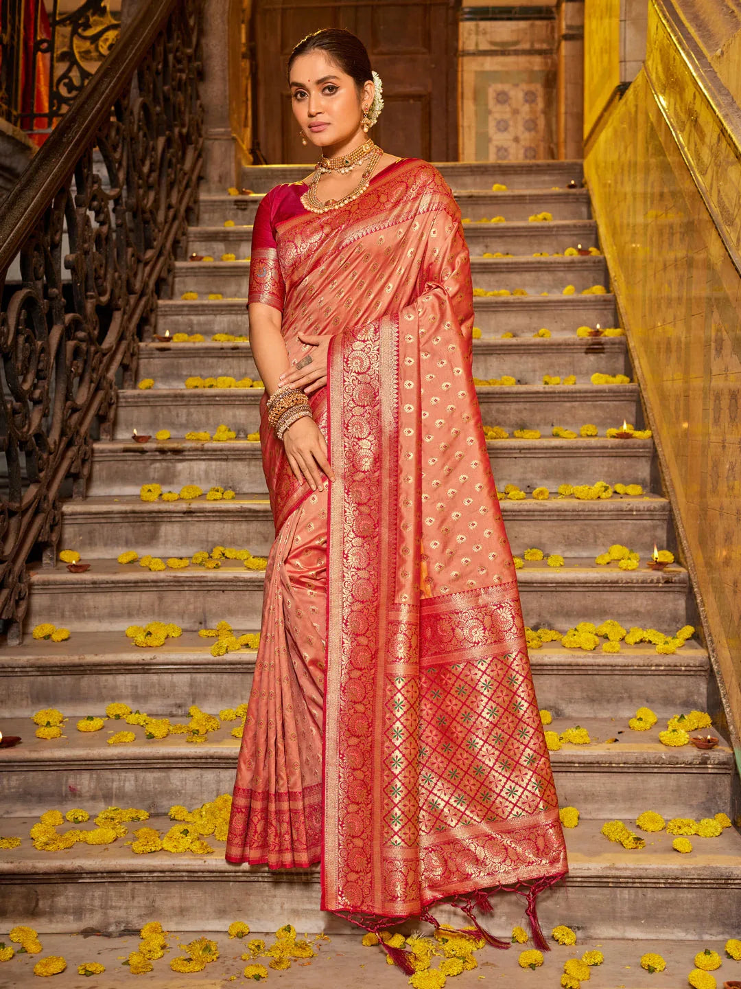 Peach Banarasi silk Saree With Blouse Piece - EZBER