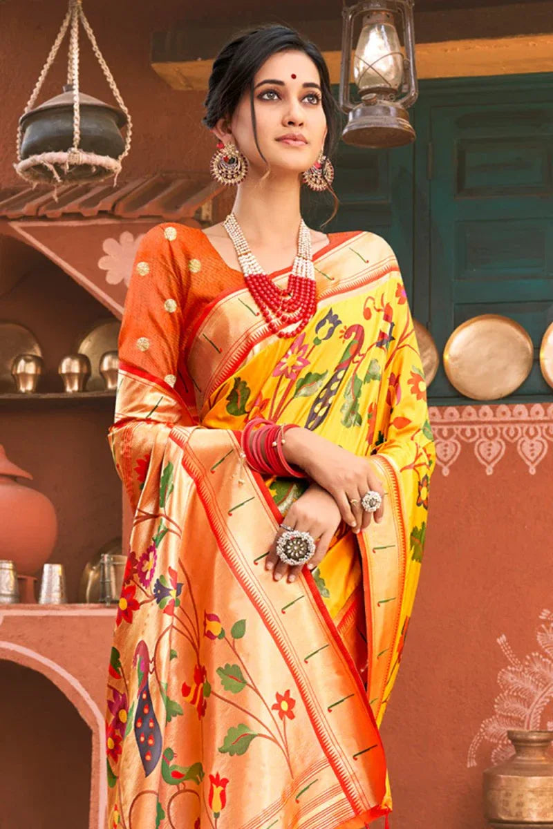 Canary Yellow Paithani Saree - EZBER
