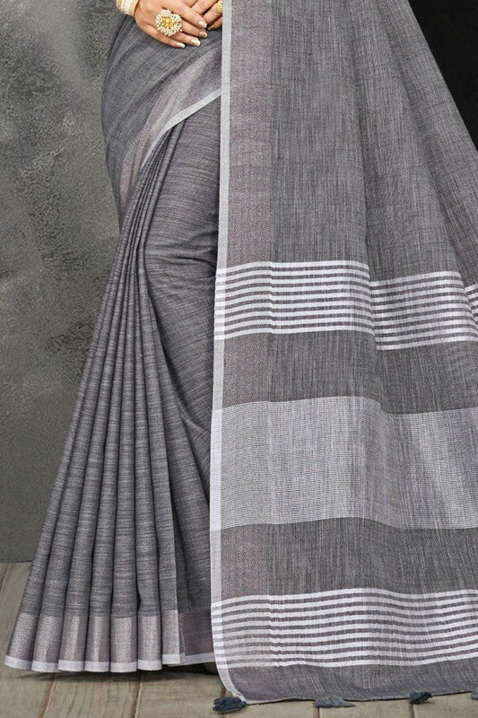 Charcoal Grey Linen Blend Saree - EZBER