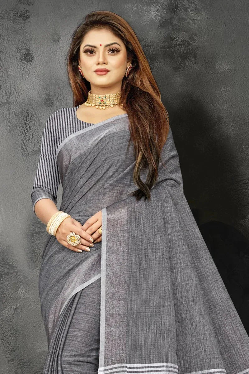 Charcoal Grey Linen Blend Saree - EZBER