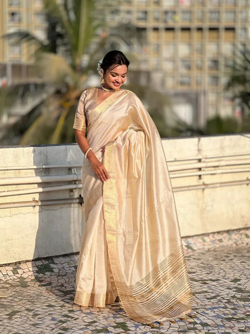 Chickoo Tussar Silk Saree With Blouse Piece - EZBER