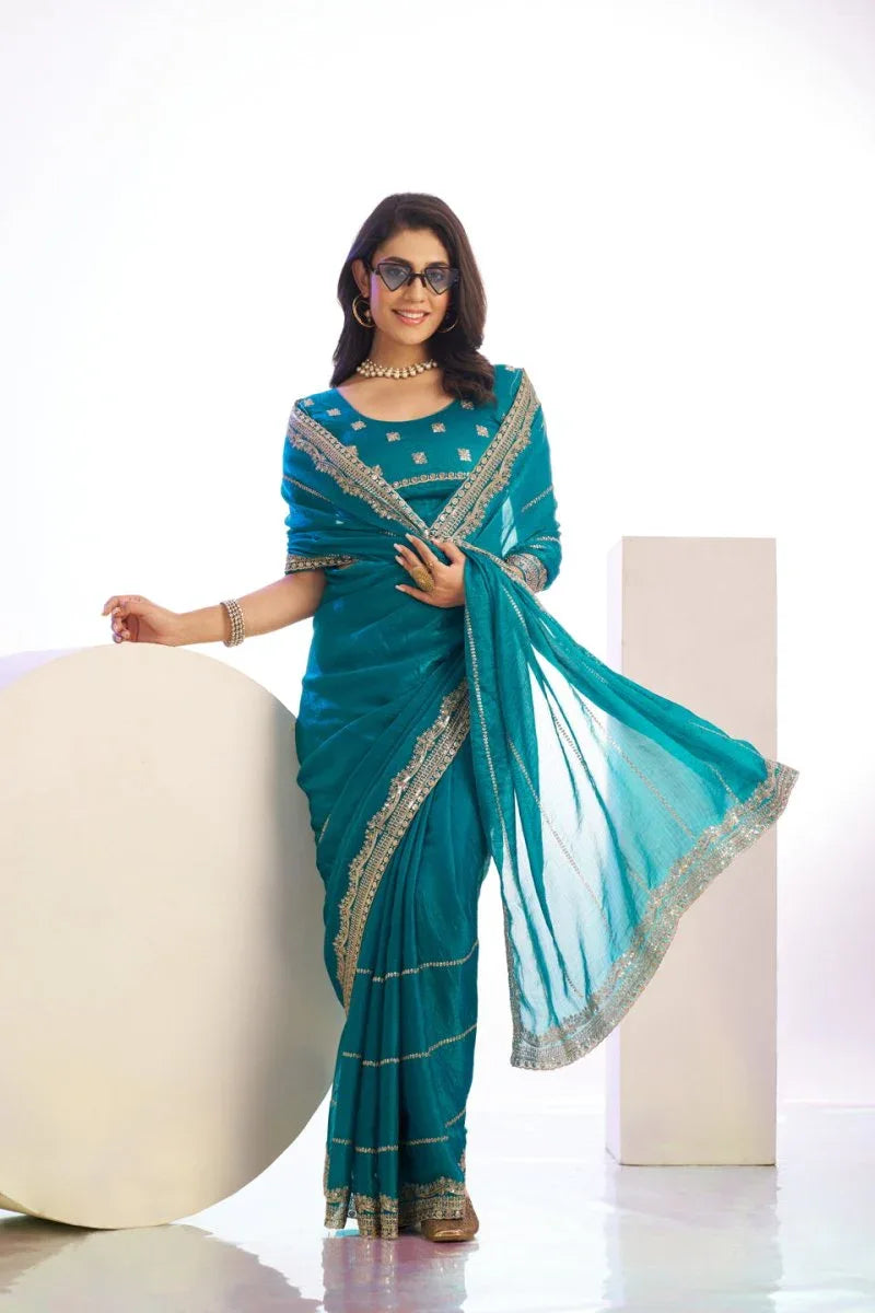 Chiffon Embroidered Work With Embroidered Blouse Piece - EZBER