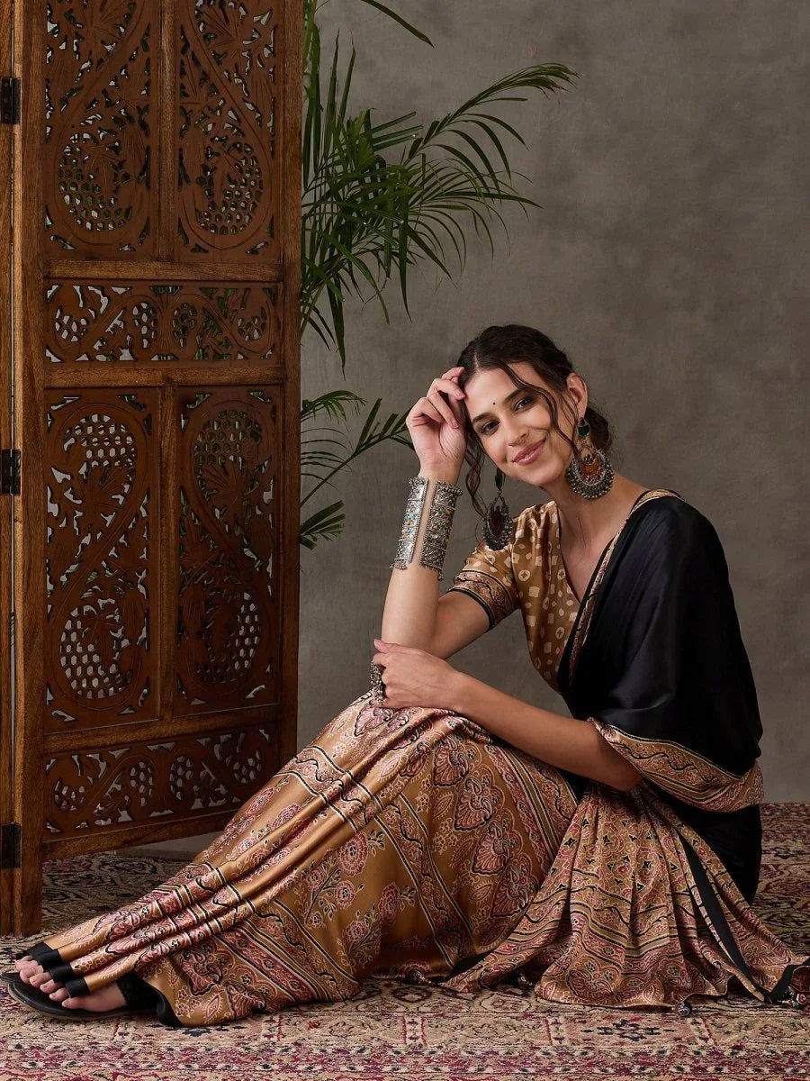 Chikoo Semi Modal Saree With Blouse Piece - EZBER