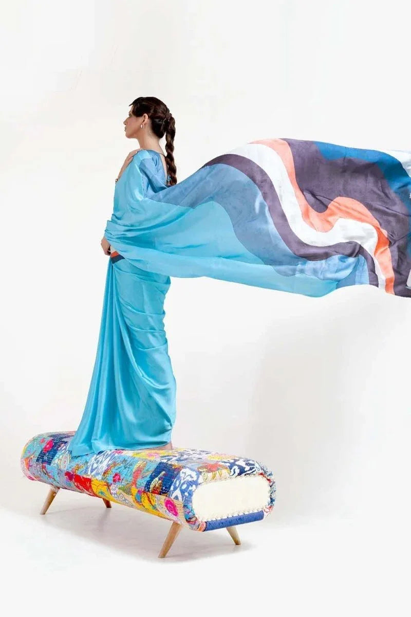 Colorado Blue Satin Crep Saree - EZBER