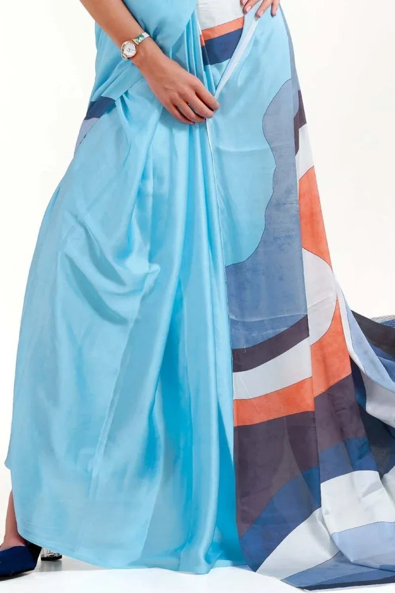 Colorado Blue Satin Crep Saree - EZBER