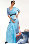 Colorado Blue Satin Crep Saree - EZBER