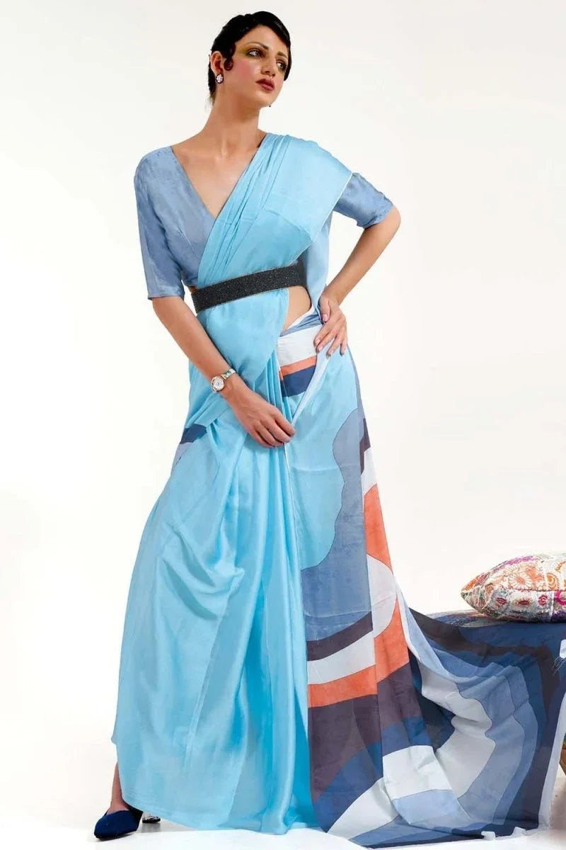 Colorado Blue Satin Crep Saree - EZBER