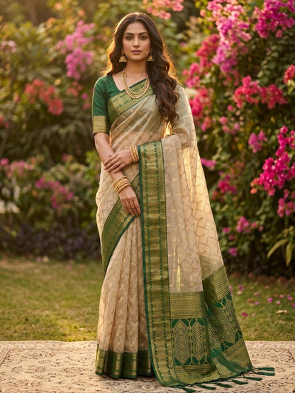 Cotton Brown Green Handloom Saree | EZB SI04 SUMAD1004 - EZBER