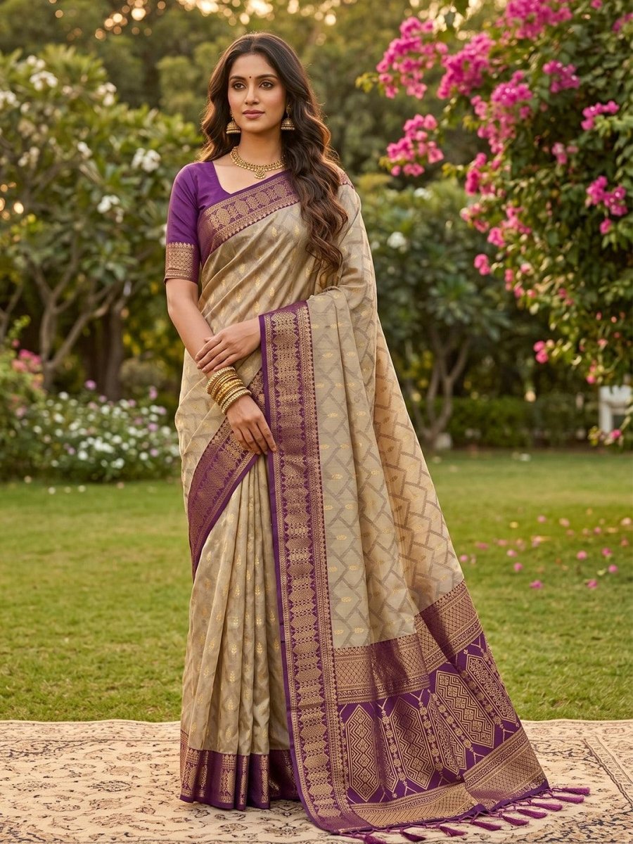 Cotton Brown Purple Handloom Saree | EZB SI04 SUMAD1003 - EZBER