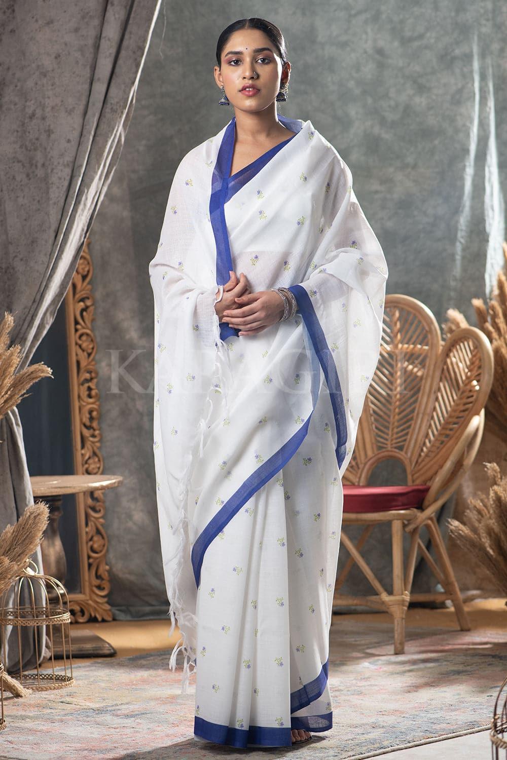 Block Printed White Cotton Saree - EZBER