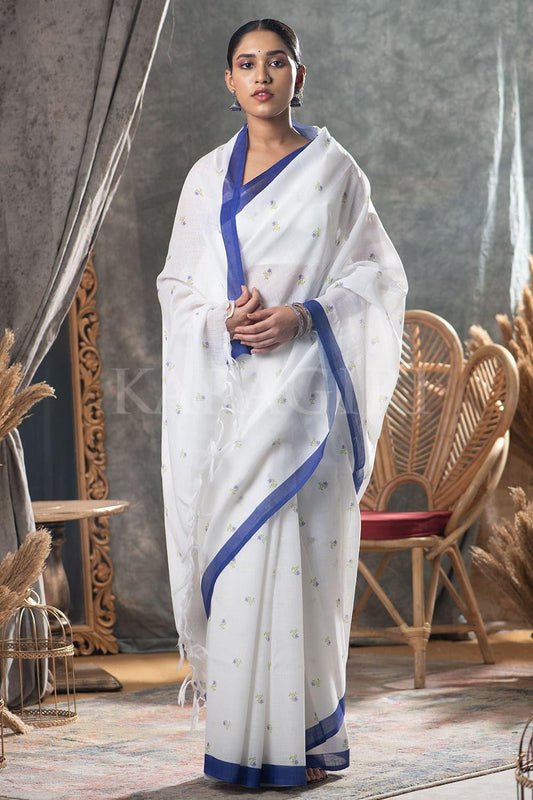 Block Printed White Cotton Saree - EZBER