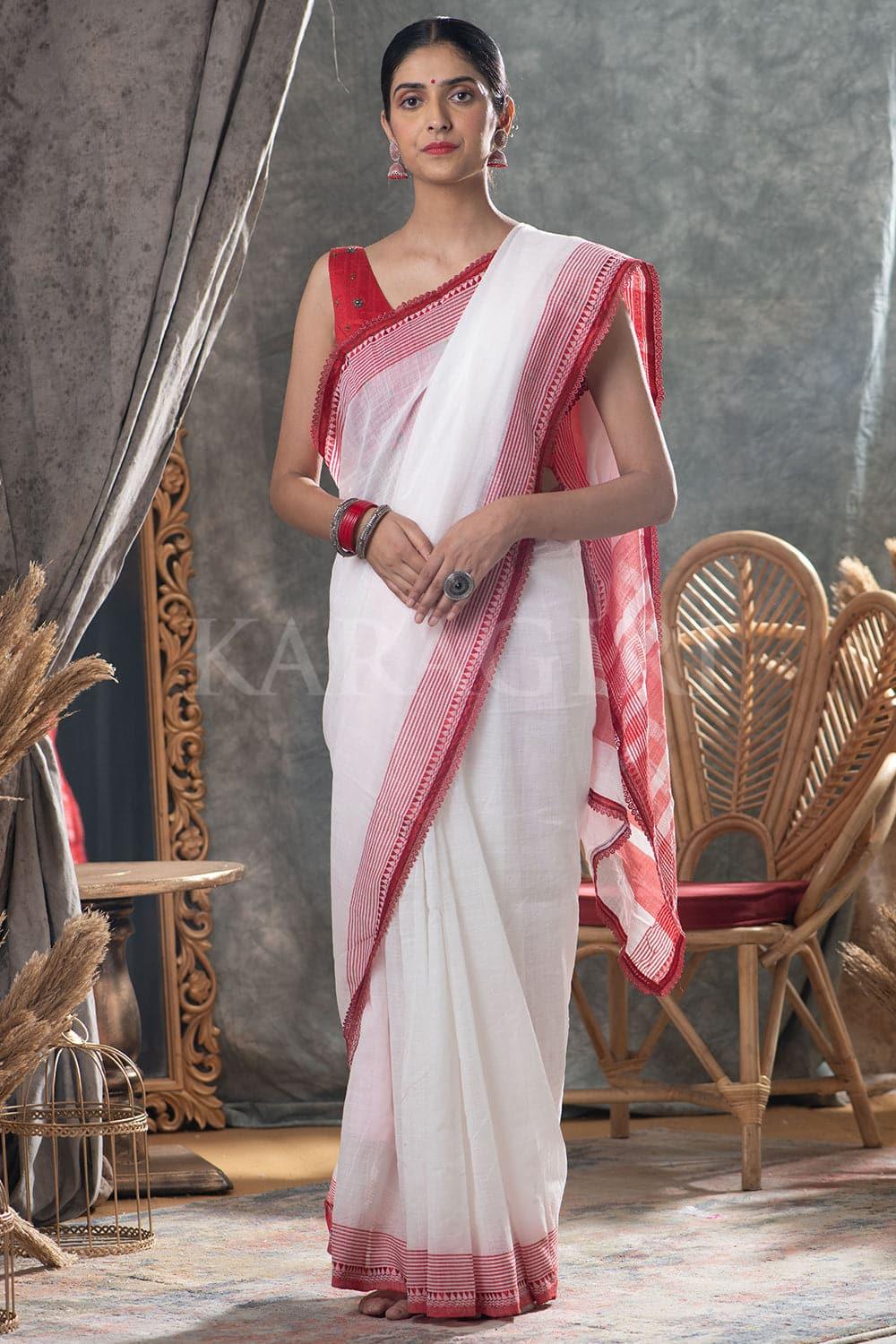 White Red Cotton Saree - EZBER