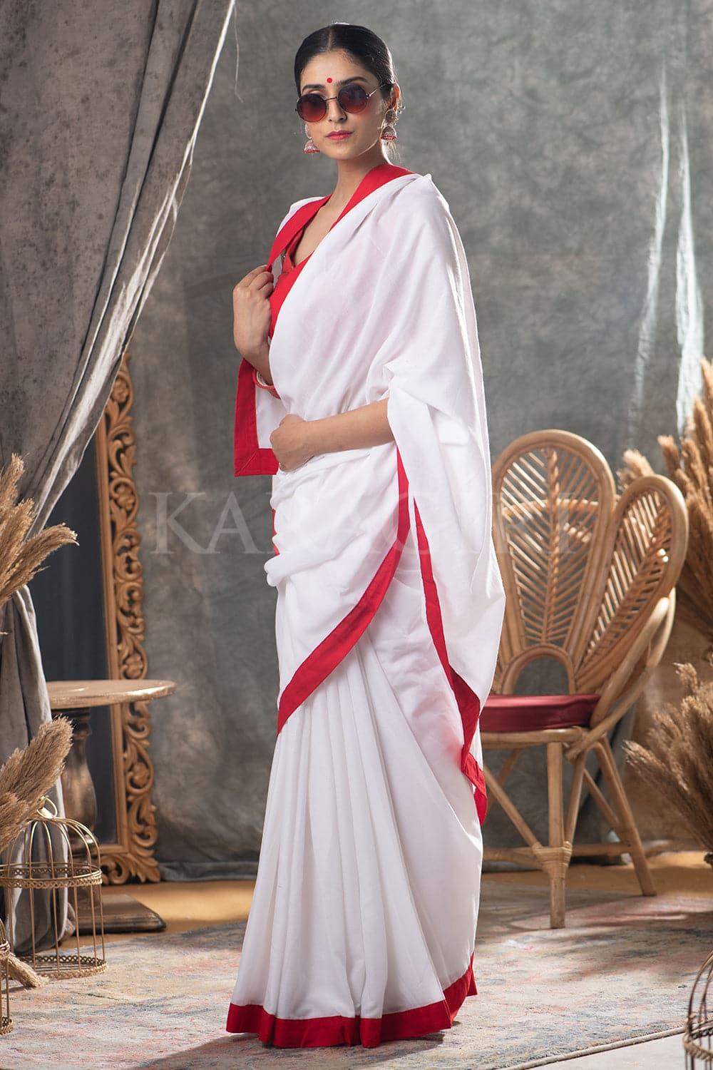 White Red Mul Cotton Saree - EZBER