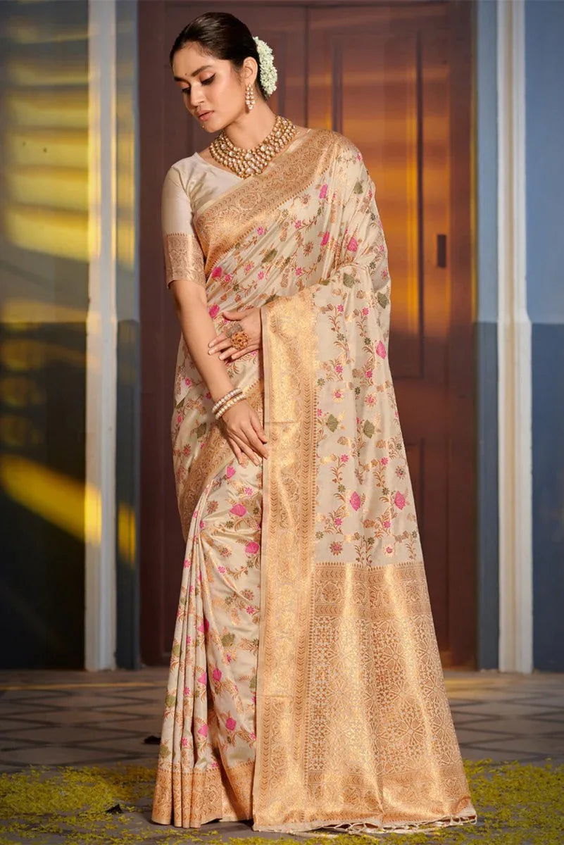Cream Banarasi Silk Saree With Blouse Piece - EZBER