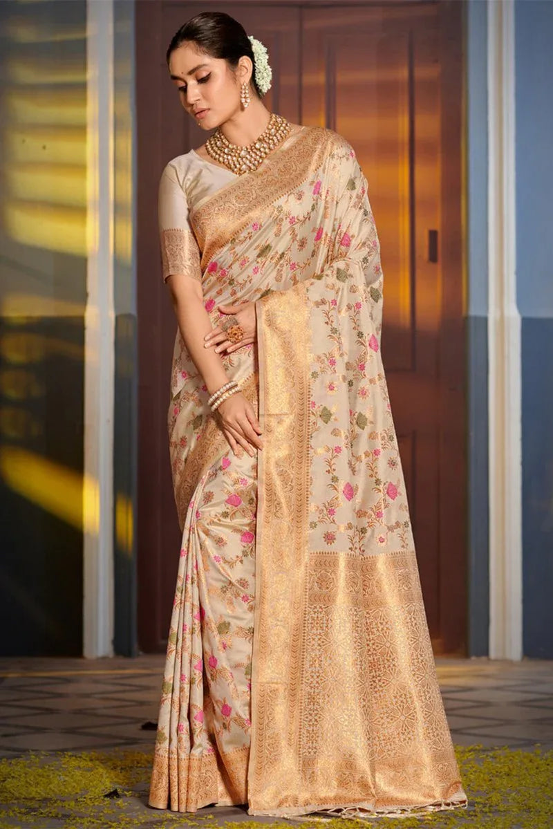 Cream Banarasi Silk Saree With Blouse Piece - EZBER