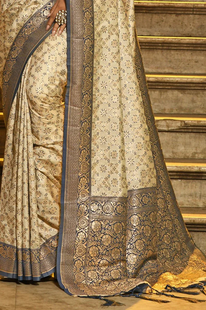 Cream & Blue Banarasi Silk Saree With Blouse Piece - EZBER