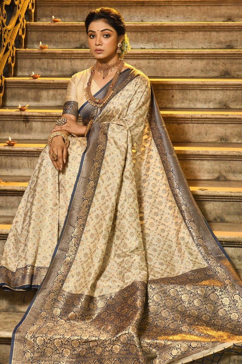 Cream & Blue Banarasi Silk Saree With Blouse Piece - EZBER