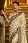 Cream & Blue Banarasi Silk Saree With Blouse Piece - EZBER
