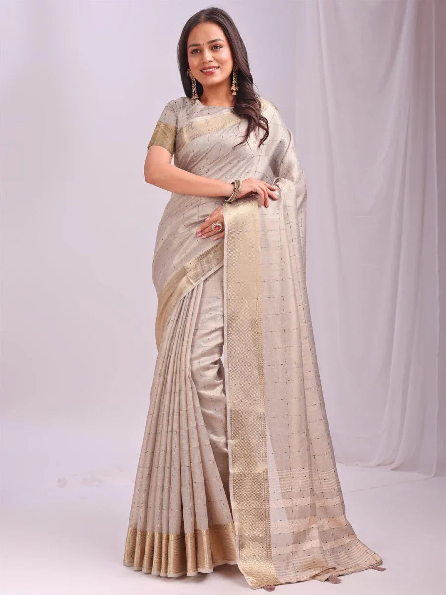 Cream CASUAL CHECKS Organza Saree with Blouse Piece - EZBER
