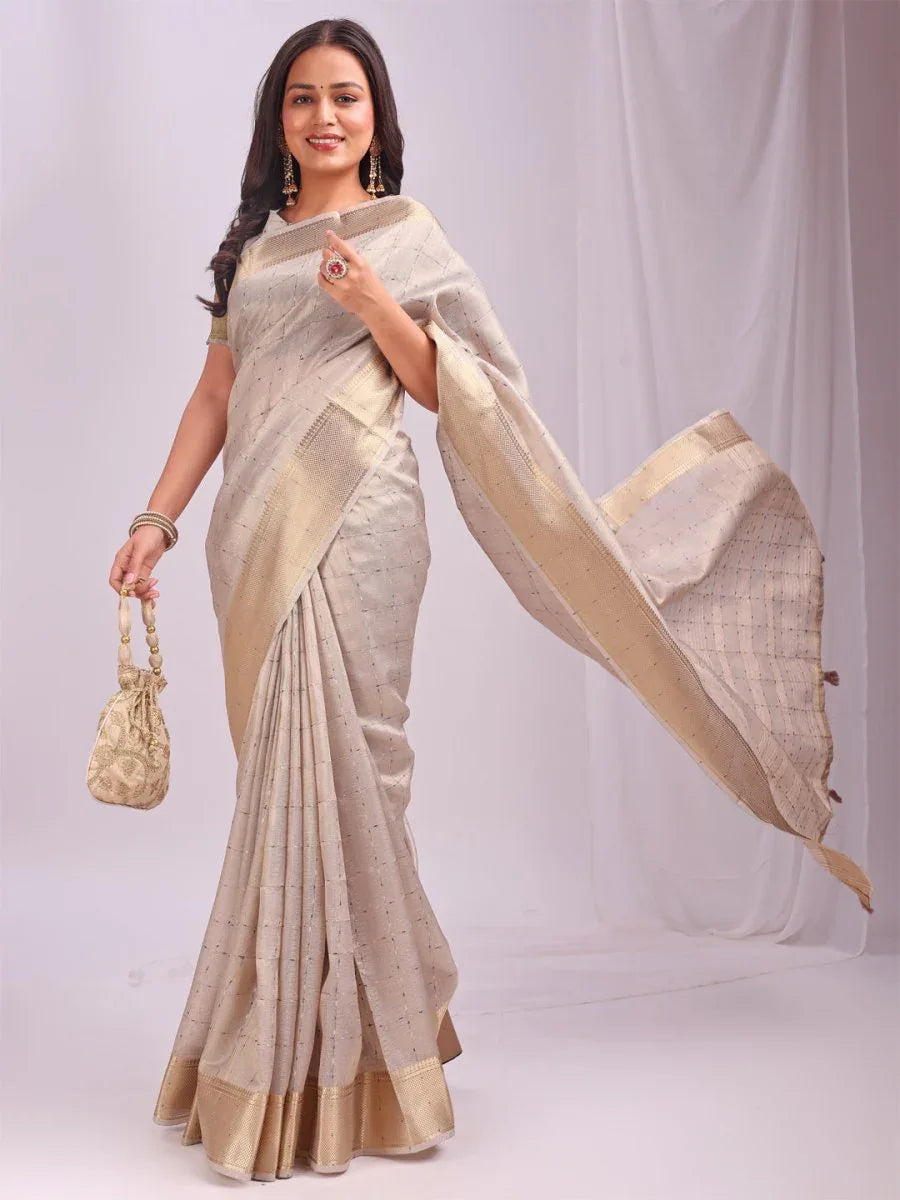 Cream CASUAL CHECKS Organza Saree with Blouse Piece - EZBER