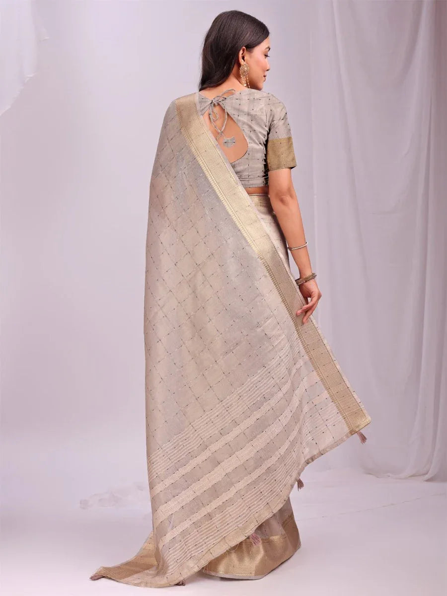 Cream CASUAL CHECKS Organza Saree with Blouse Piece - EZBER