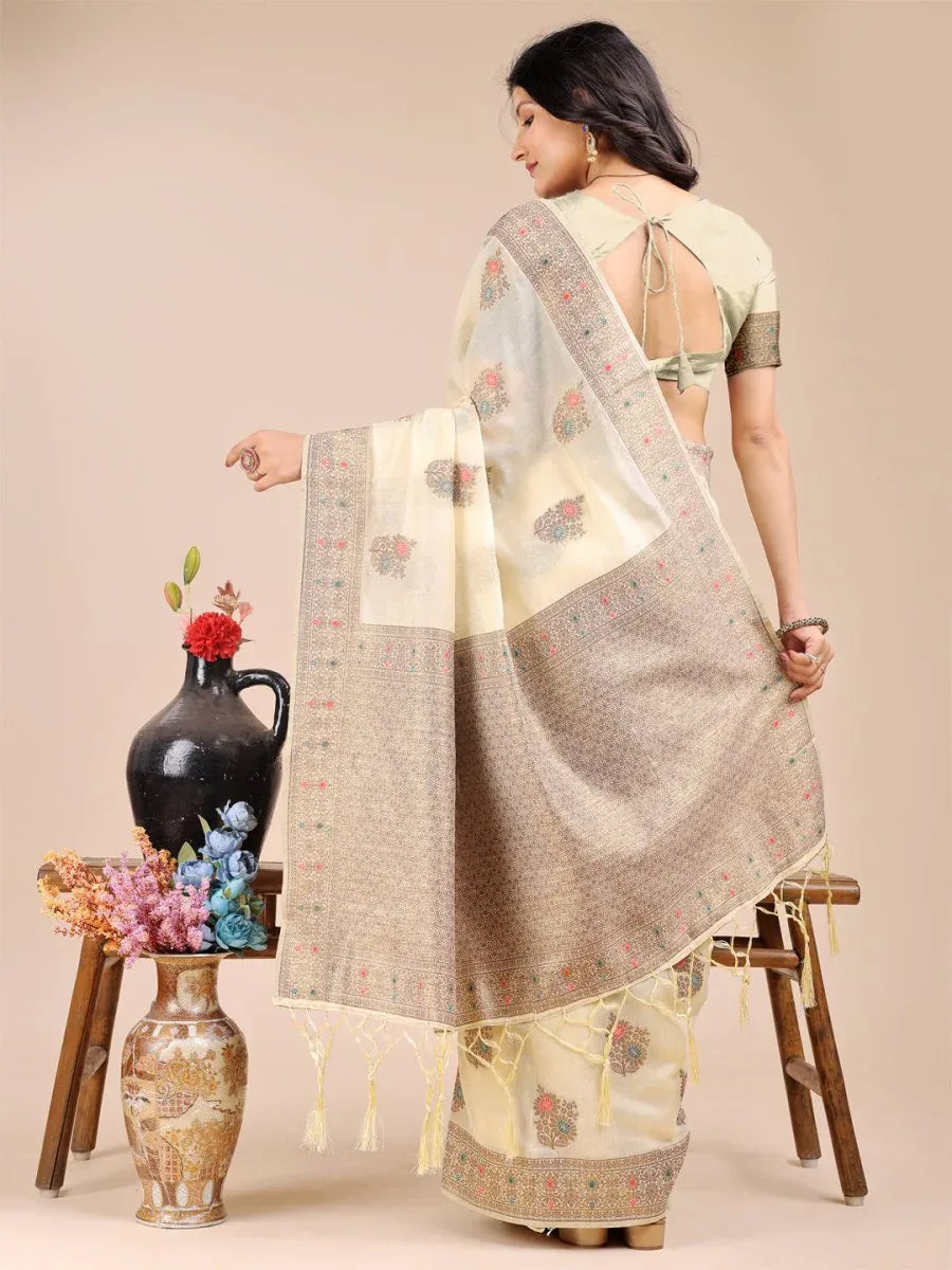Cream Cotton Saree With Blouse Piece - EZBER