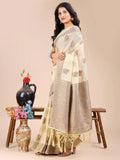 Cream Cotton Saree With Blouse Piece - EZBER