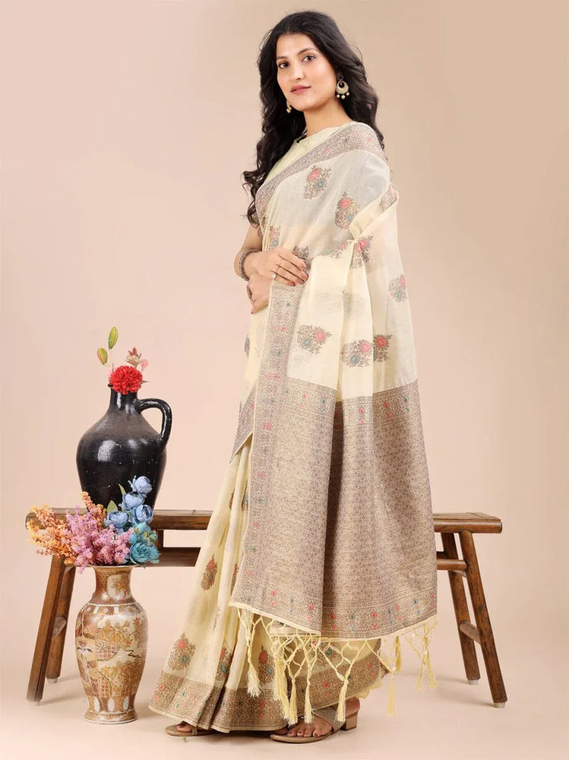 Cream Cotton Saree With Blouse Piece - EZBER