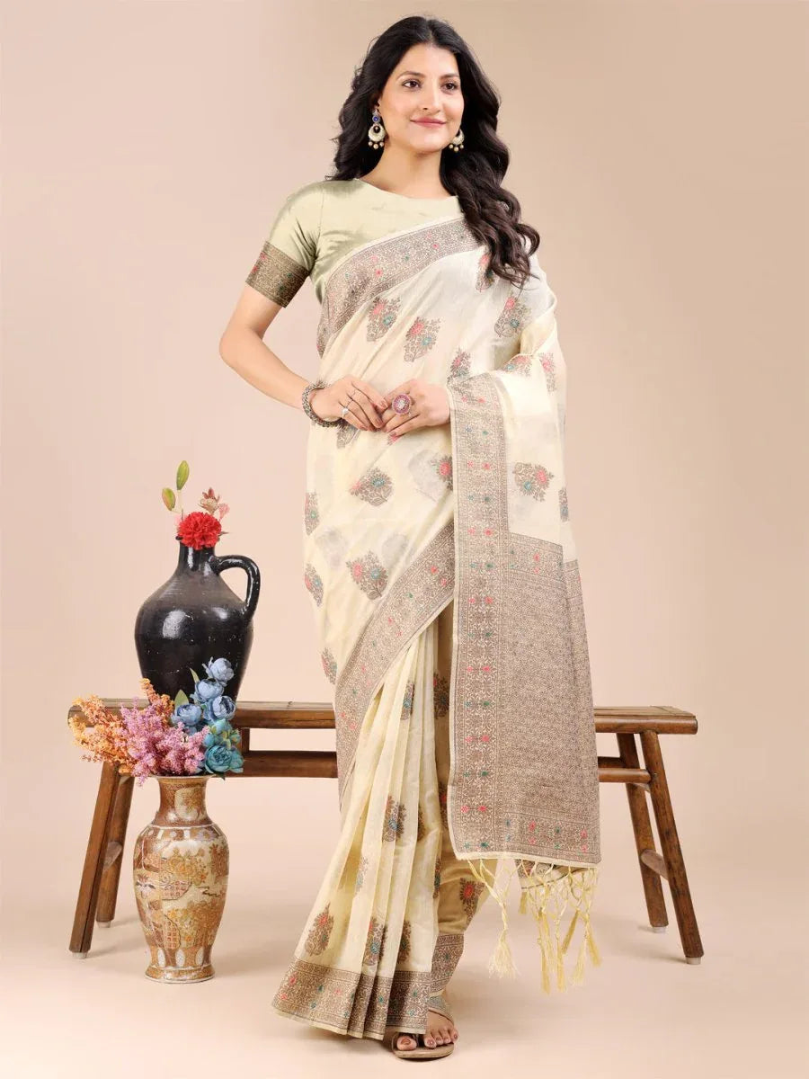 Cream Cotton Saree With Blouse Piece - EZBER