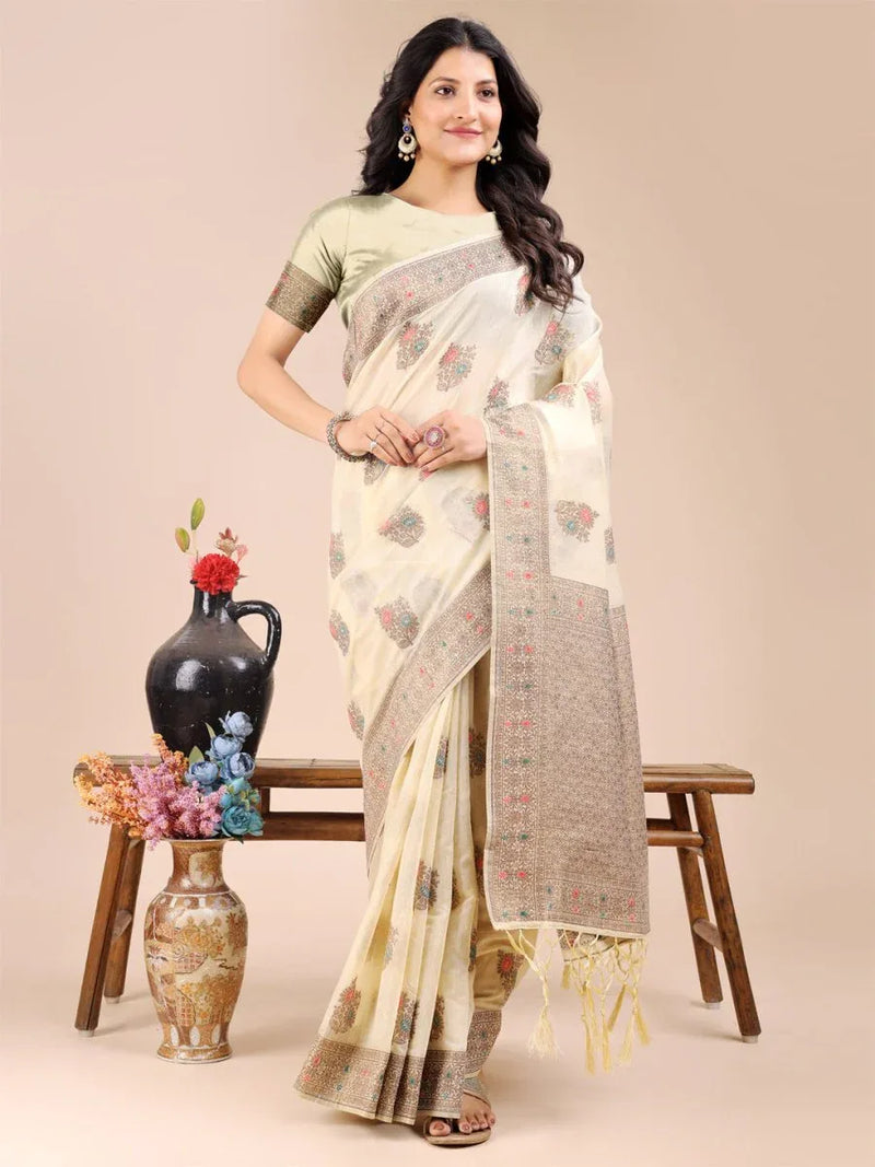Cream Cotton Saree With Blouse Piece - EZBER